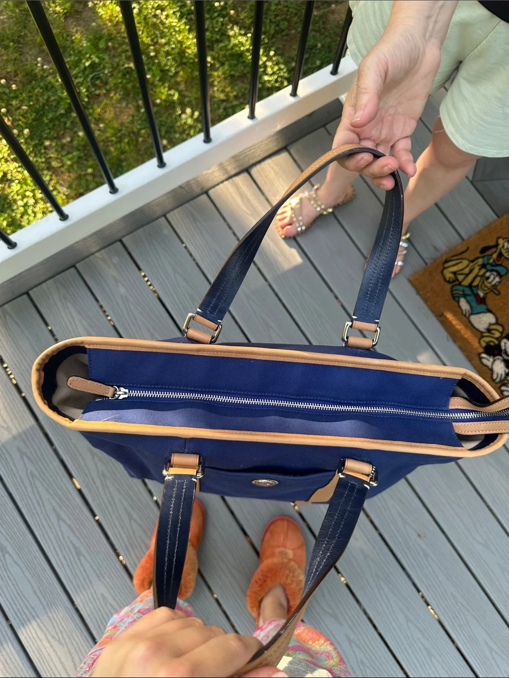Coach Voyage Blue Canvas Tote Bag Tan Leather Handle Shoulder Bag Lined F77125